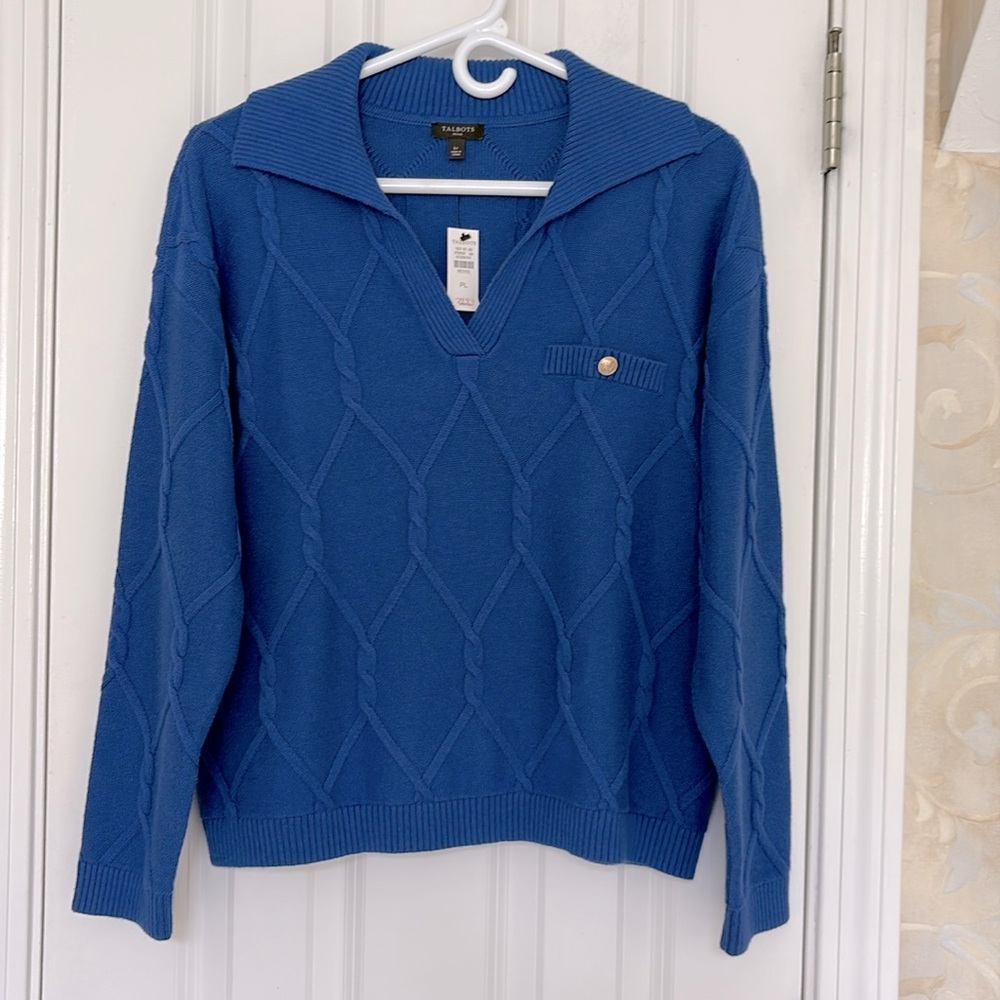 Talbots Cotton Blend Brilliant Blue Short Silhouette V-neck Opening Sweater. NWT